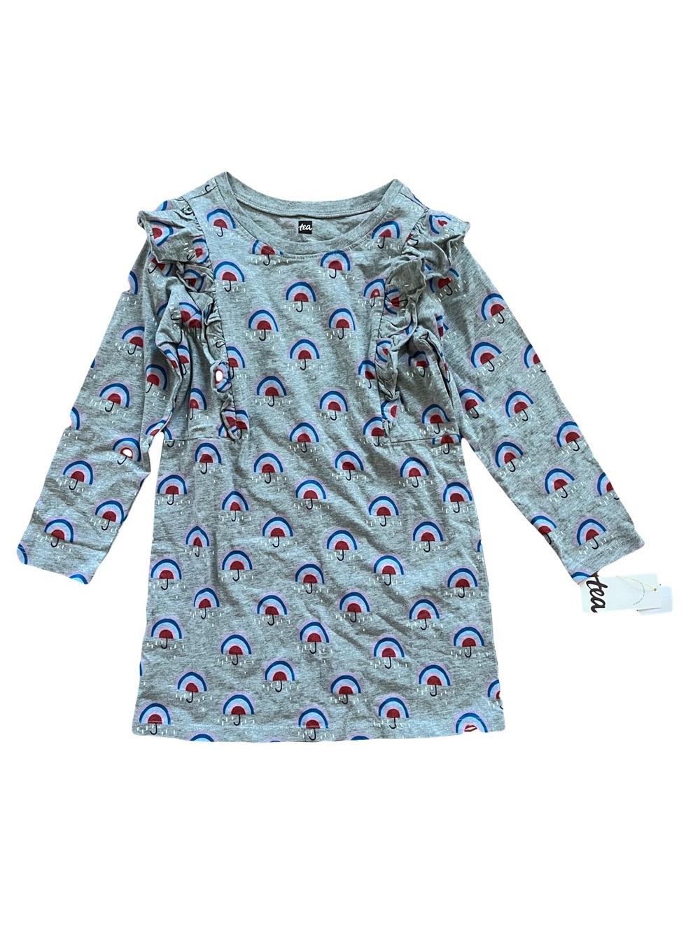 NWT Tea Collection Grey Long-Sleeve Dress with Rainbow Print